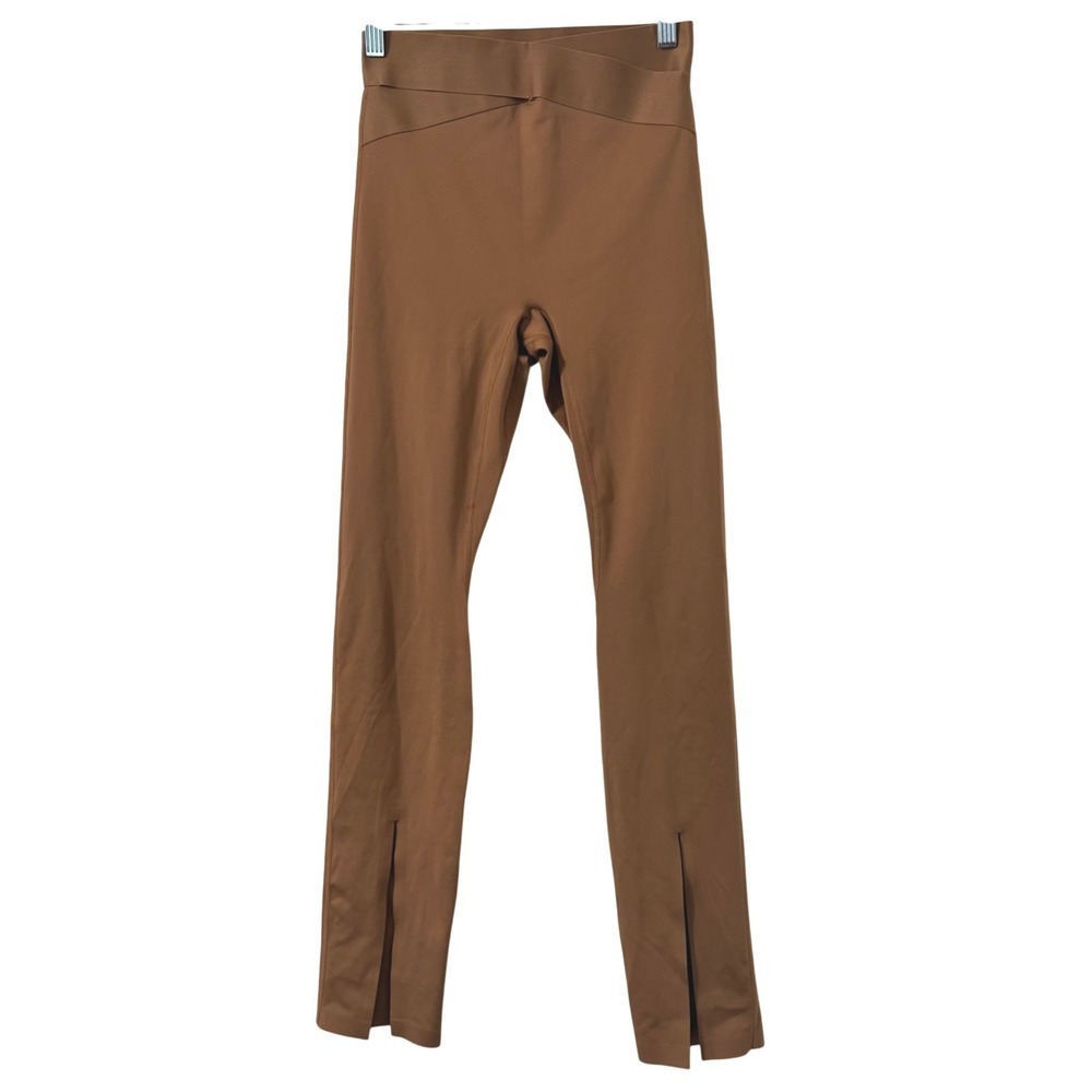 Bandier Le ORE Crossover Waist Split Hem Leggings S Brown High Rise Yoga Gym